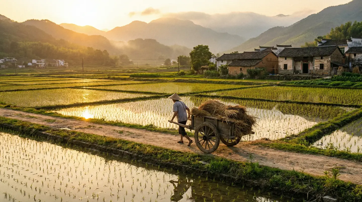 软香苏玛丽小说免费阅读 - 金色夕阳下的乡村田野，老农推着木车行走在田埂上